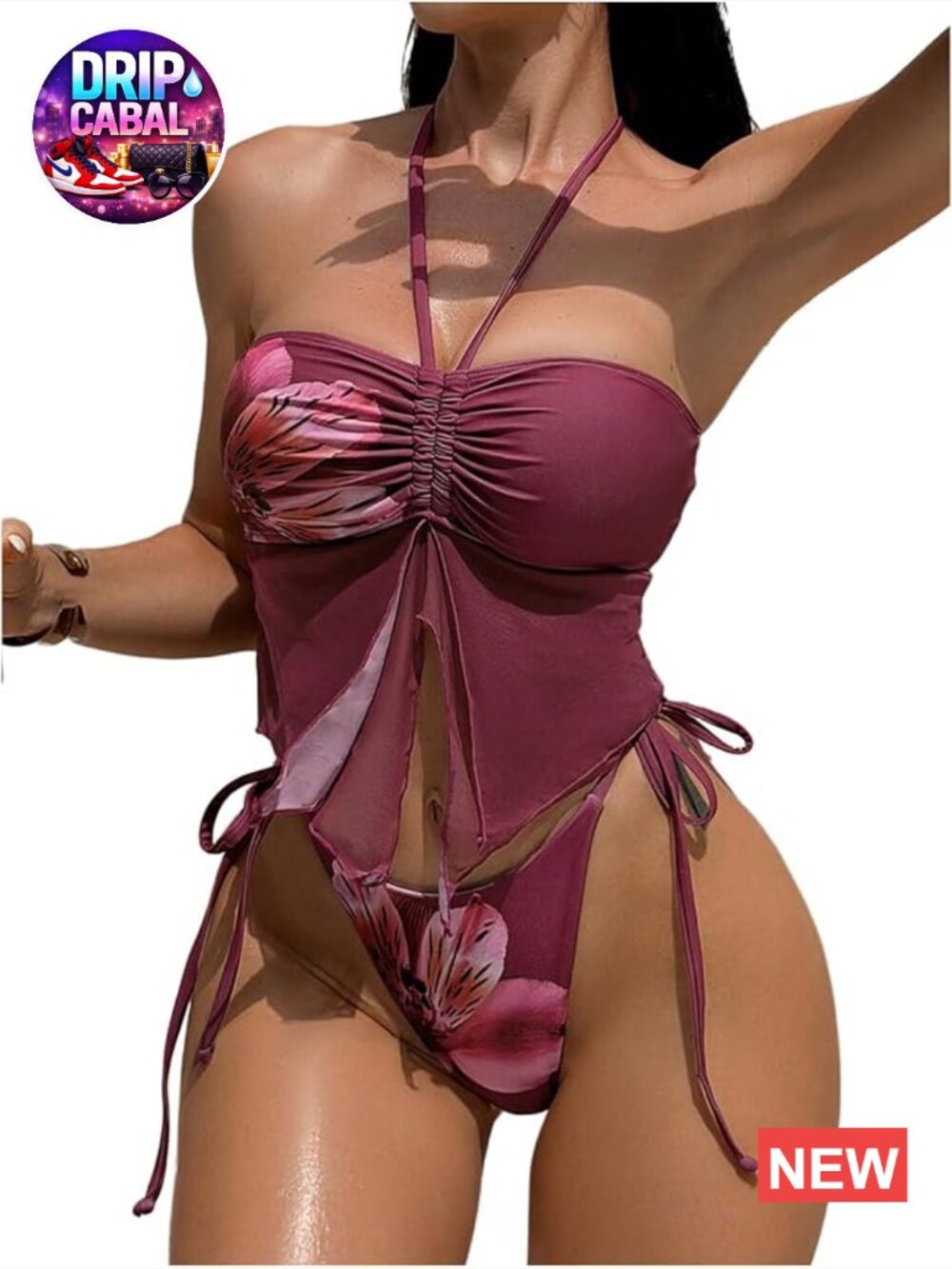 Tankini Swimsuits Halter Open Back Thong Two Piece Bathing Suit with Floral